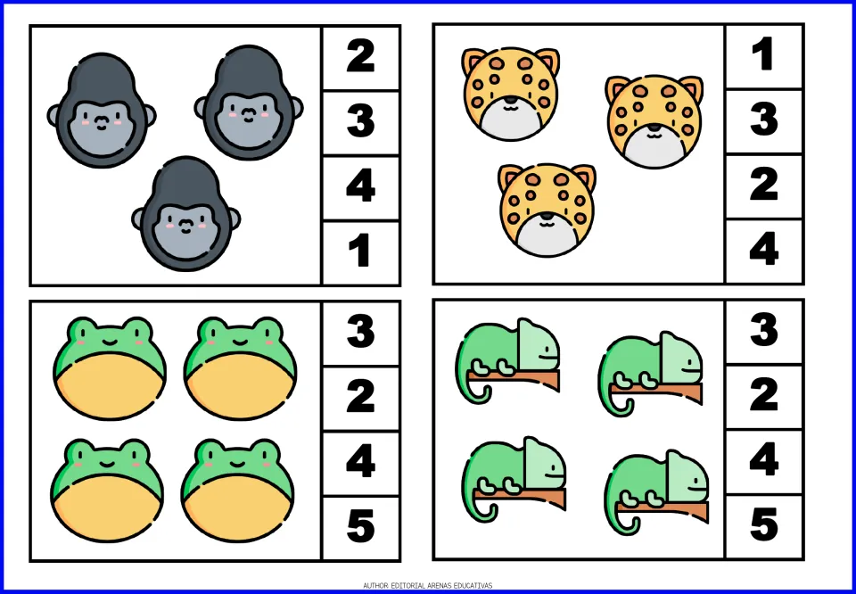 Counting cards 5–8 show three gorillas, three spotted cats, four frogs, and four chameleons to count