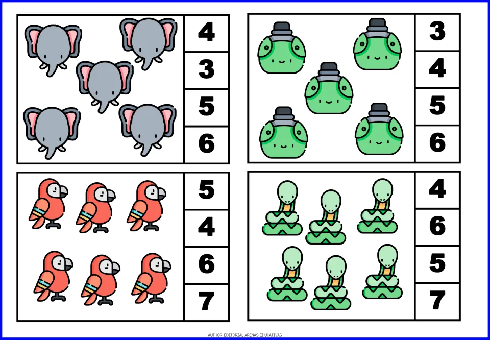 Counting cards 9–12 show five elephants, five green characters in hats, six parrots, and six snakes