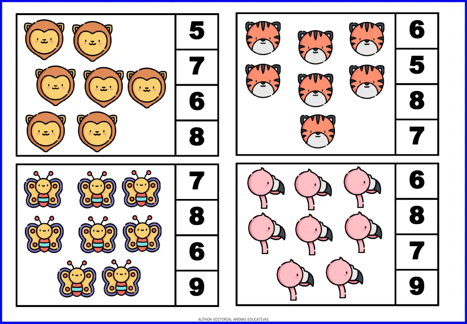 Counting cards 13–16 show seven lions, seven tigers, eight butterflies, and eight flamingos to count