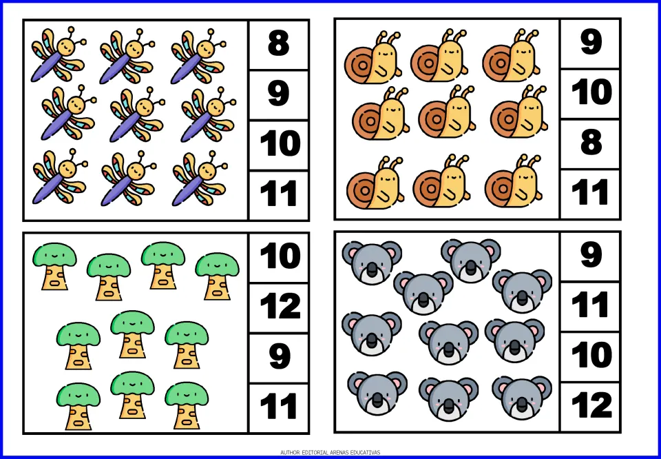 Counting cards 17–20 show nine dragonflies, nine snails, ten trees, and ten koalas, with number choices