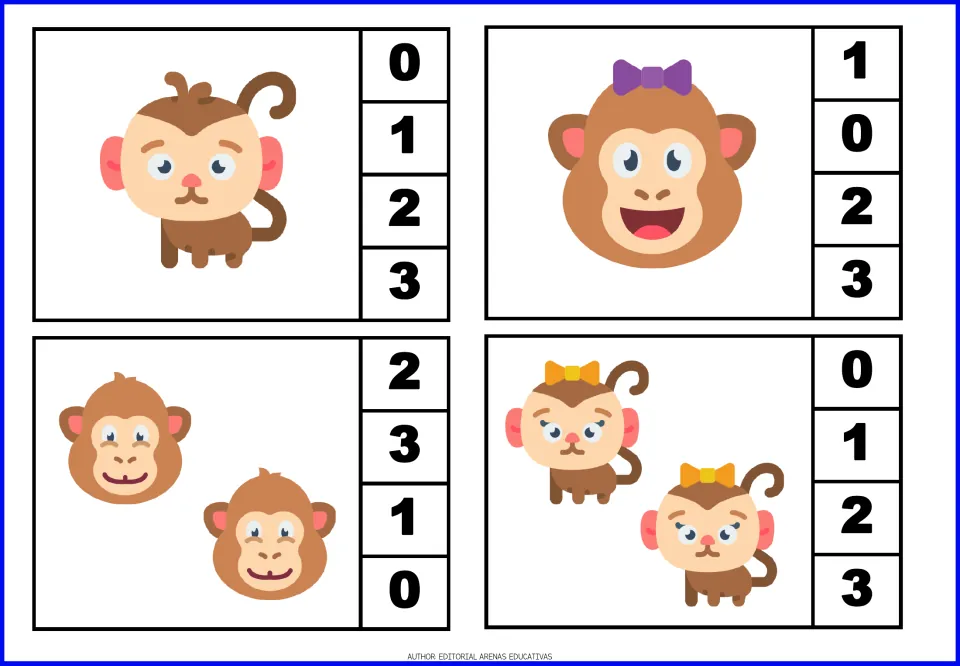 Monkey count-and-clip cards 1–4 show two groups of one and two groups of two, with number choices from 0 to 3