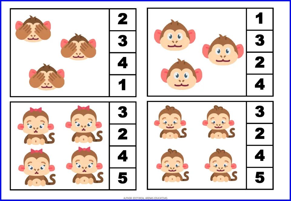 Monkey count-and-clip cards 5–8 show two groups of three and two groups of four, each with four number choices