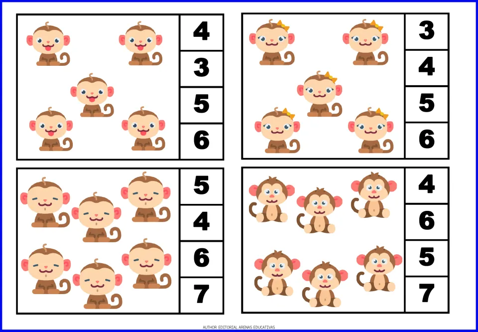 Monkey count-and-clip cards 9–12 show two groups of five and two groups of six, each with four number choices