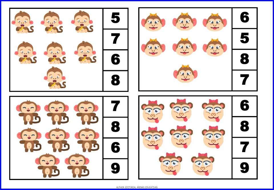 Monkey count-and-clip cards 13–16 show two groups of seven and two groups of eight, with four number choices each