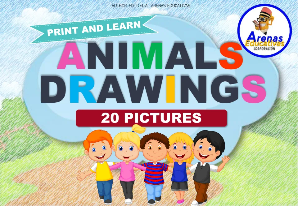 Cover of the Spanish animal coloring resource, headed 'Animals Drawings' and advertising 20 pictures