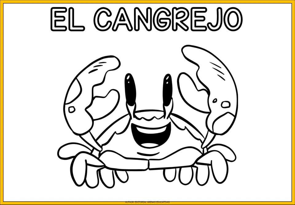 Animal coloring sheet labeled 'EL CANGREJO' (the crab), featuring a smiling crab with two raised claws
