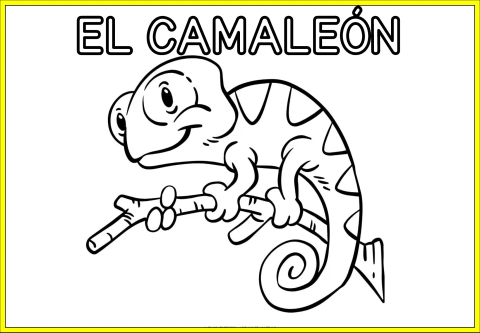 Animal coloring sheet labeled 'EL CAMALEÓN' (the chameleon), showing a chameleon on a branch with a curled tail
