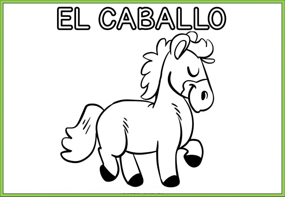 Animal coloring sheet labeled 'EL CABALLO' (the horse), showing a horse with a flowing mane and one raised hoof