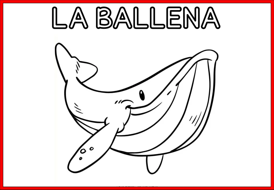 Animal coloring sheet labeled 'LA BALLENA' (the whale), featuring a smiling whale with flippers and a raised tail