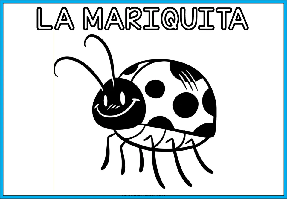 Animal coloring sheet labeled 'LA MARIQUITA' (the ladybug), showing a spotted ladybug with long antennae