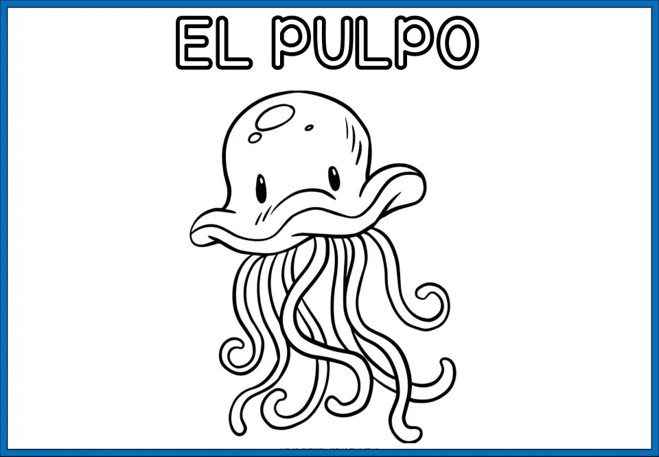 Animal coloring sheet labeled 'EL PULPO' (the octopus), showing a jellyfish-like animal with long tentacles