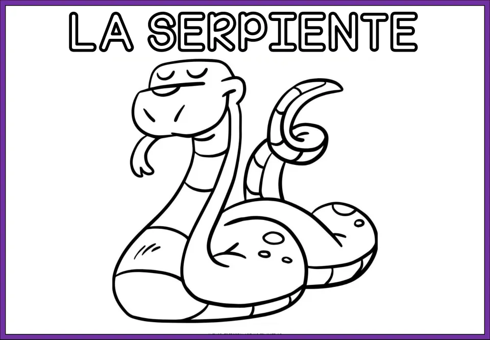 Animal coloring sheet labeled 'LA SERPIENTE' (the snake), featuring a coiled snake with its tongue out