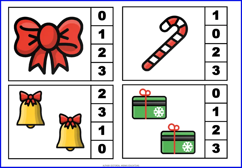 Christmas count-and-clip cards 1–4: one bow, one candy cane, two bells, and two gifts, with number choices