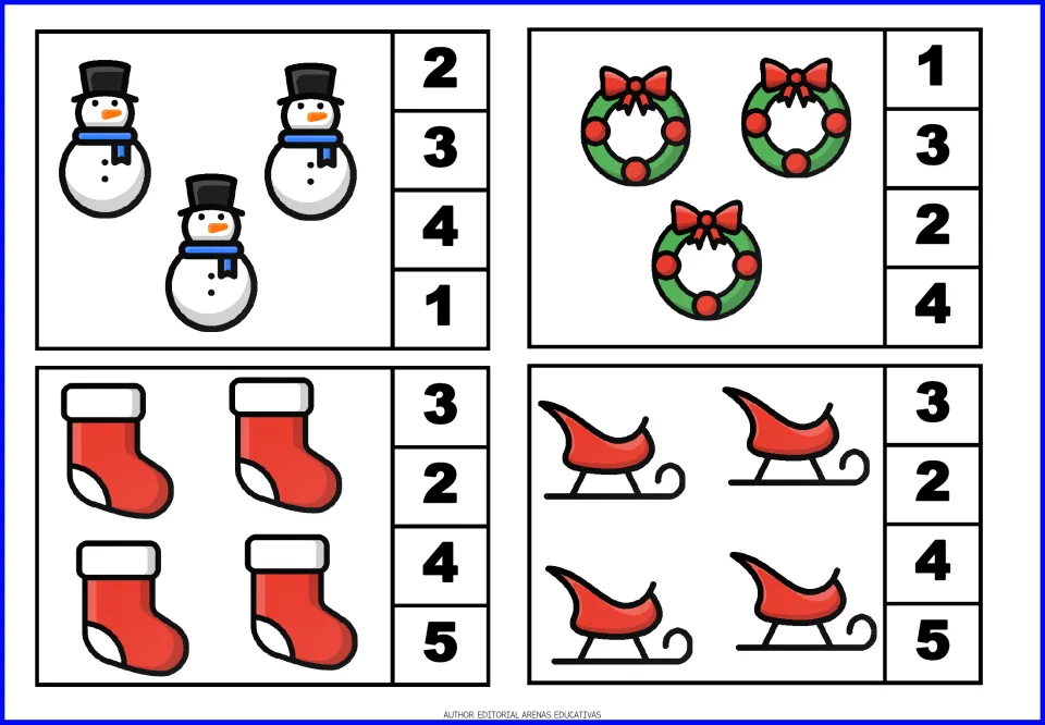 Christmas count-and-clip cards 5–8: three snowmen, three wreaths, four stockings, and four sleighs