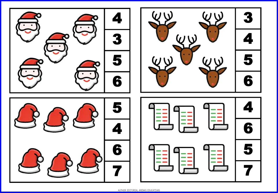 Christmas count-and-clip cards 9–12: five Santa faces, five reindeer, six Santa hats, and six lists