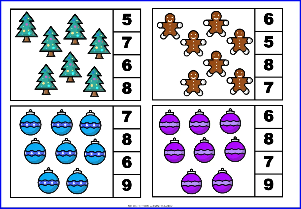 Christmas count-and-clip cards 13–16: seven trees, seven gingerbread figures, and two sets of eight ornaments