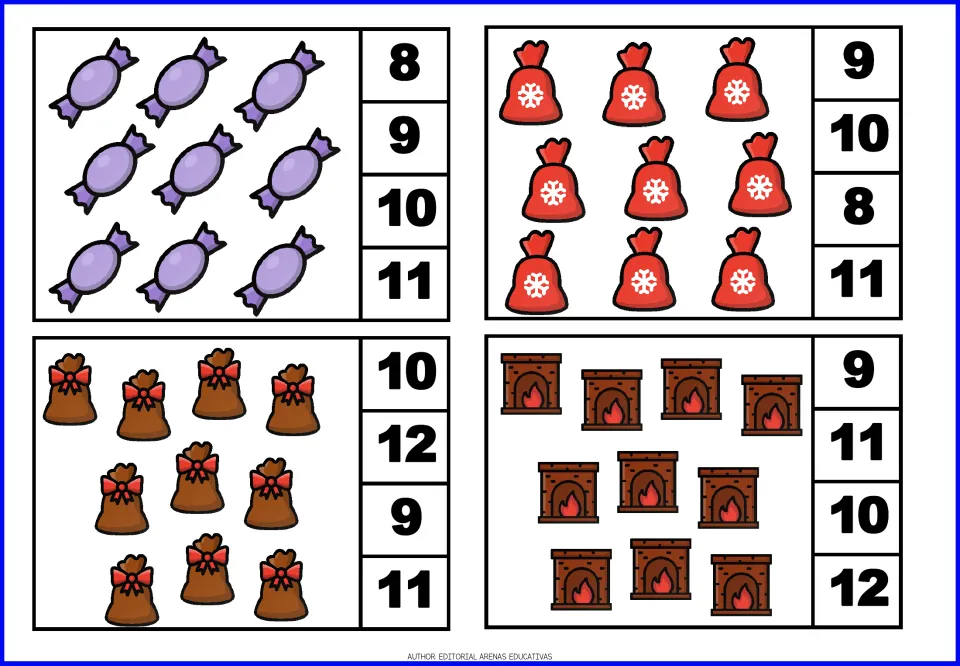 Christmas count-and-clip cards 17–20: nine candies, nine red sacks, ten brown sacks, and ten fireplaces