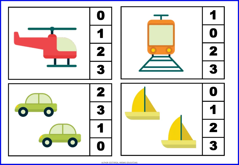 Count-and-clip cards 1–4: one helicopter, one train, two cars, and two sailboats, with number choices
