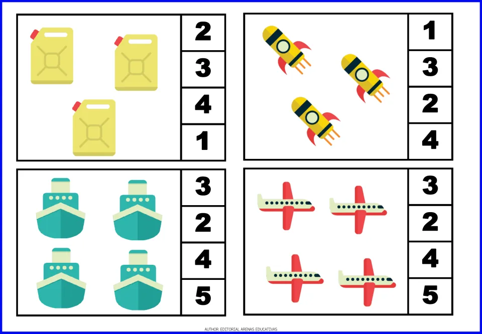 Count-and-clip cards 5–8: three fuel cans, three rockets, four ships, and four airplanes to count