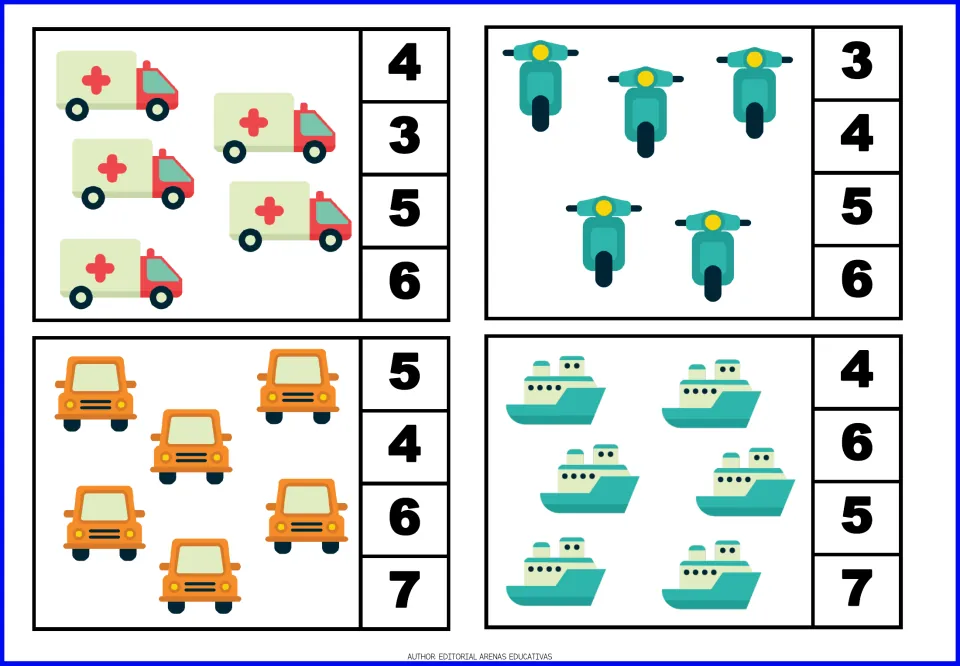 Count-and-clip cards 9–12: five ambulances, five scooters, six cars, and six ships, with number choices