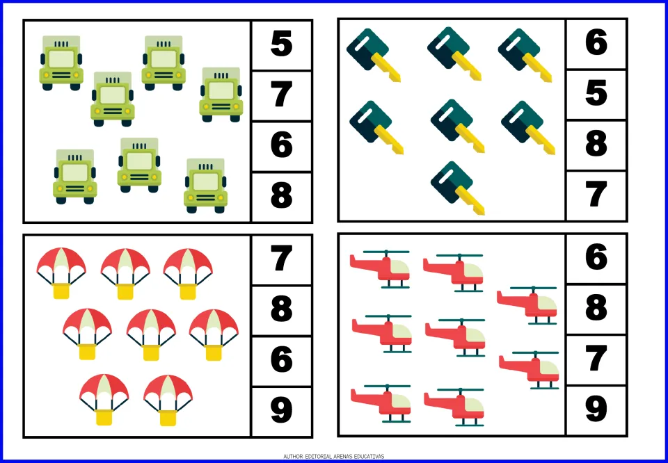 Count-and-clip cards 13–16: seven trucks, seven keys, eight parachutes, and eight helicopters to count