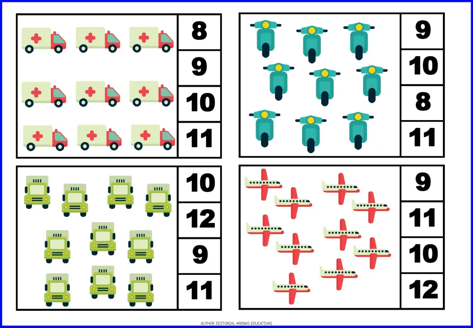 Count-and-clip cards 17–20: nine ambulances, nine scooters, ten trucks, and ten airplanes to count