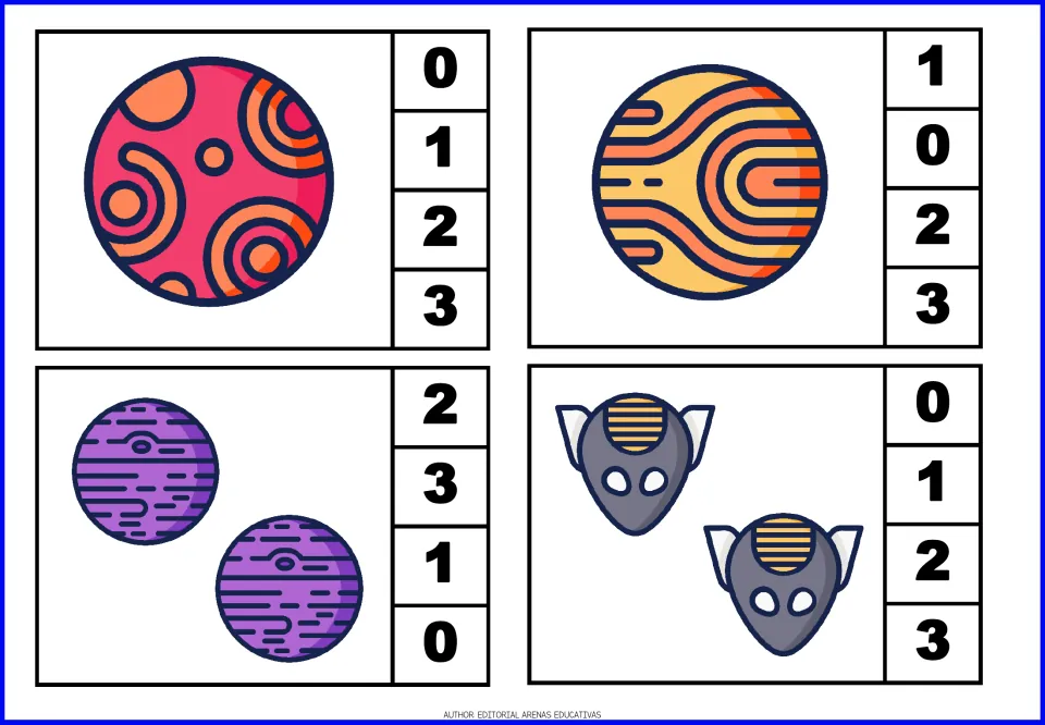 Count-and-clip cards 1–4 show one pink planet, one yellow planet, two purple planets, and two spacecraft