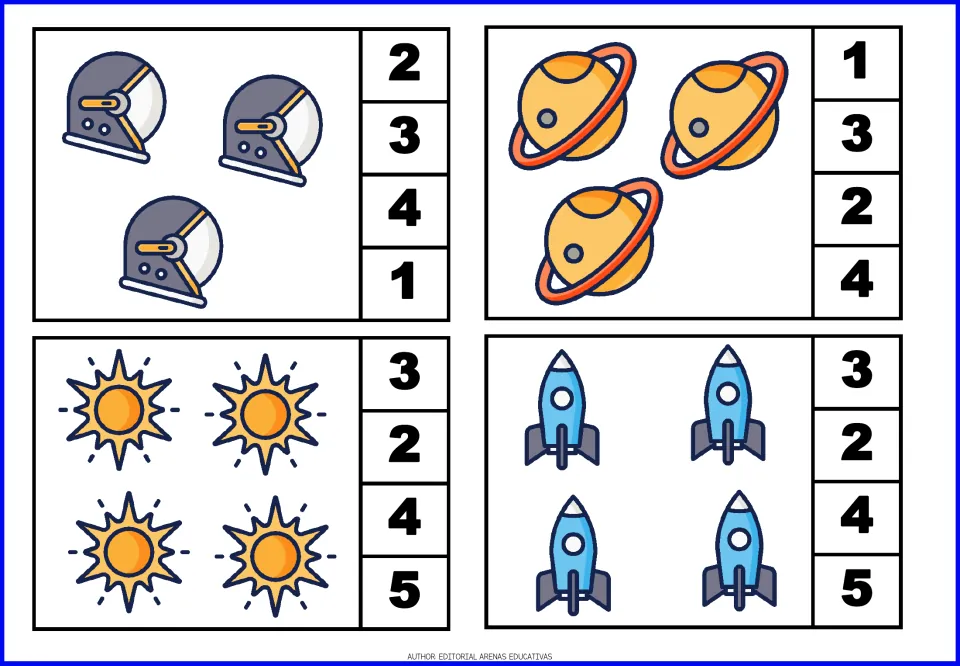 Count-and-clip cards 5–8 show three space helmets, three ringed planets, four suns, and four rockets