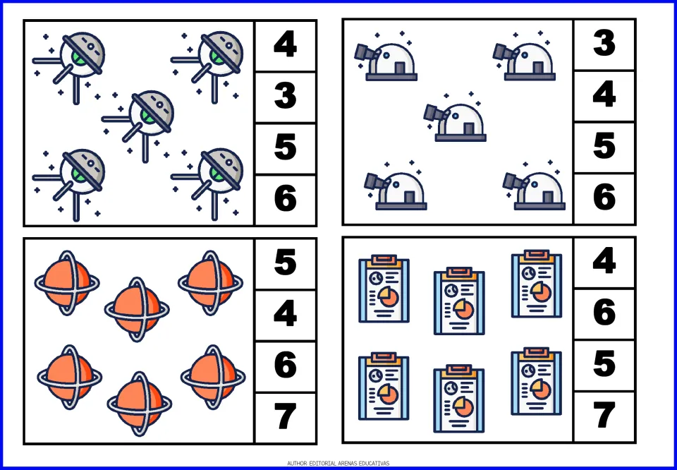 Count-and-clip cards 9–12 show five satellites, five observatories, six ringed planets, and six clipboards