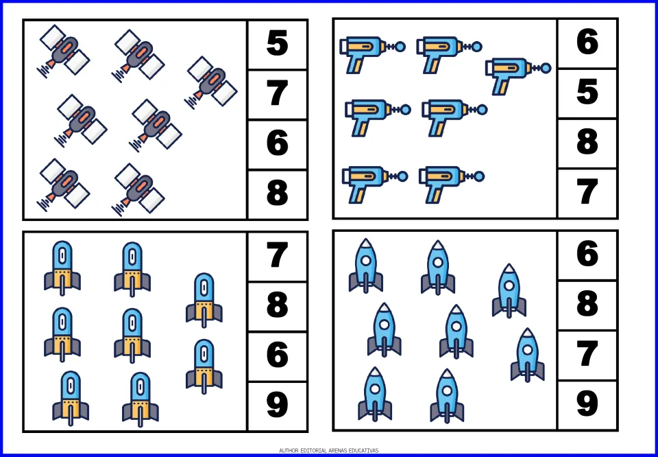 Count-and-clip cards 13–16 show seven satellites, seven ray guns, and two groups of eight rockets