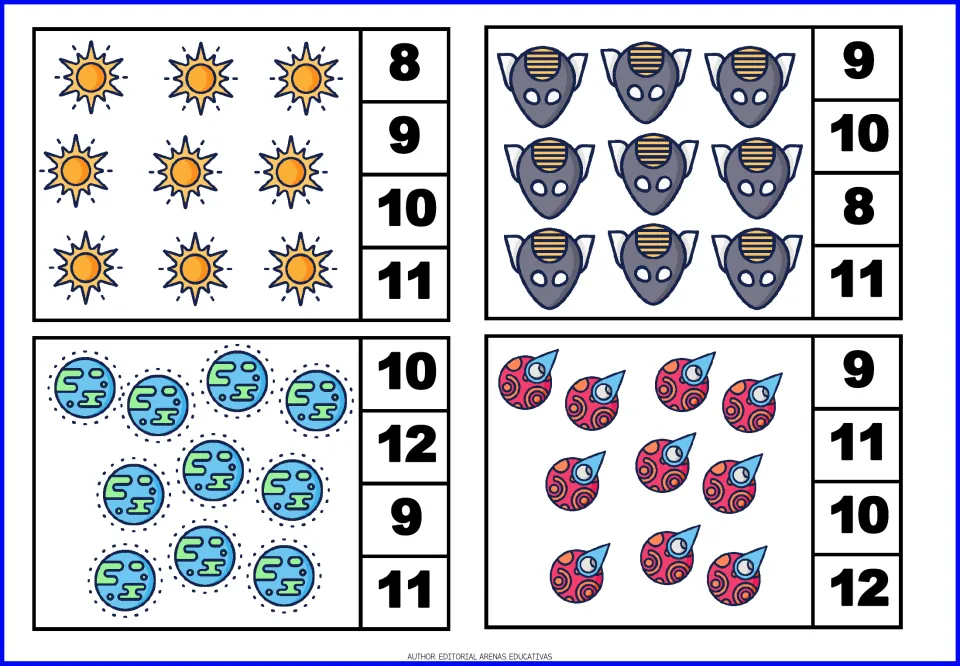 Count-and-clip cards 17–20 show nine suns, nine spacecraft, ten Earths, and ten colorful meteors
