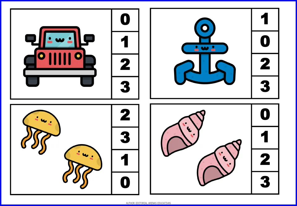 Count-and-clip cards 1–4 show one jeep, one anchor, two jellyfish, and two shells, with number choices