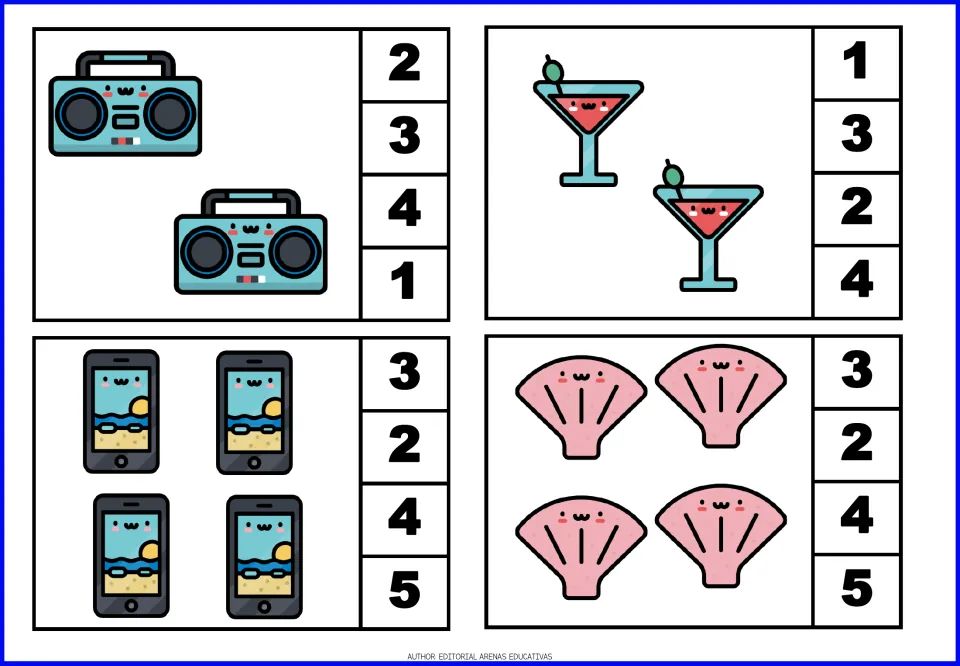 Count-and-clip cards 5–8 show two radios, two drinks, four phones, and four shells, with number choices