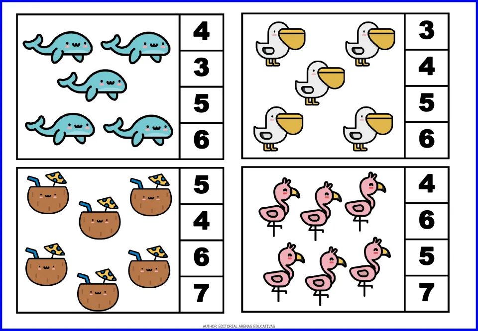 Count-and-clip cards 9–12 show five whales, five pelicans, six coconut drinks, and six flamingos