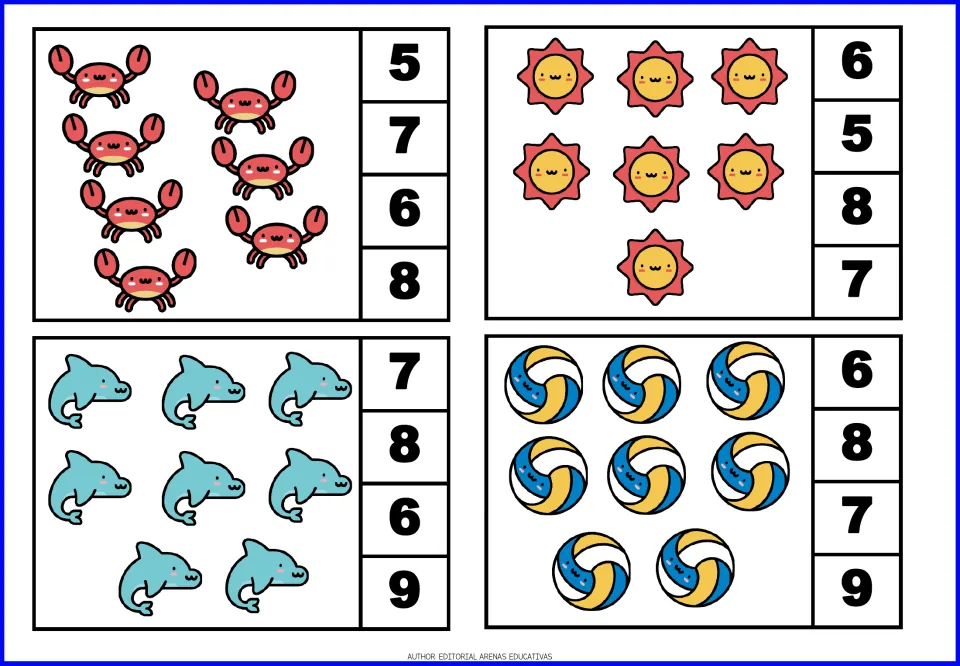 Count-and-clip cards 13–16 show seven crabs, seven suns, eight dolphins, and eight beach balls