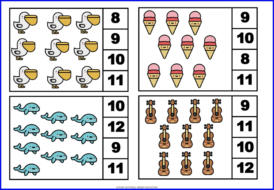 Count-and-clip cards 17–20 show nine pelicans, nine ice cream cones, ten whales, and ten guitars