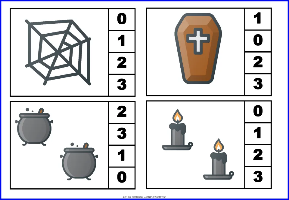 Count-and-clip cards 1–4: one spiderweb, one coffin, two cauldrons, and two candles, with number choices
