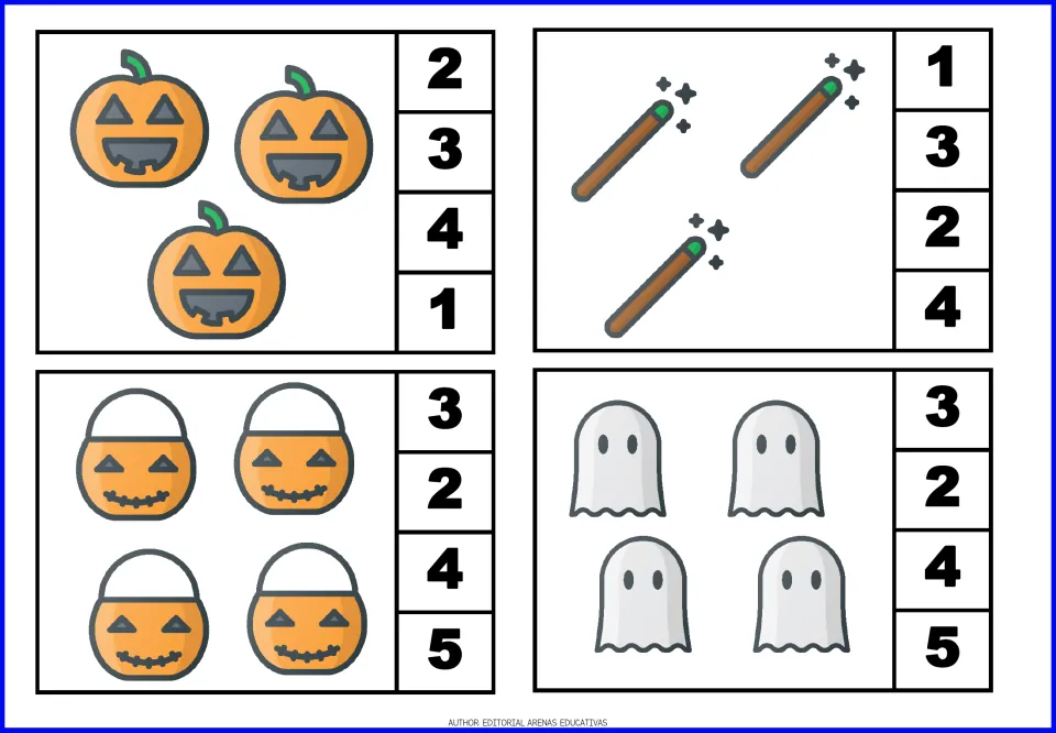 Count-and-clip cards 5–8: three pumpkins, three wands, four pumpkin buckets, and four ghosts