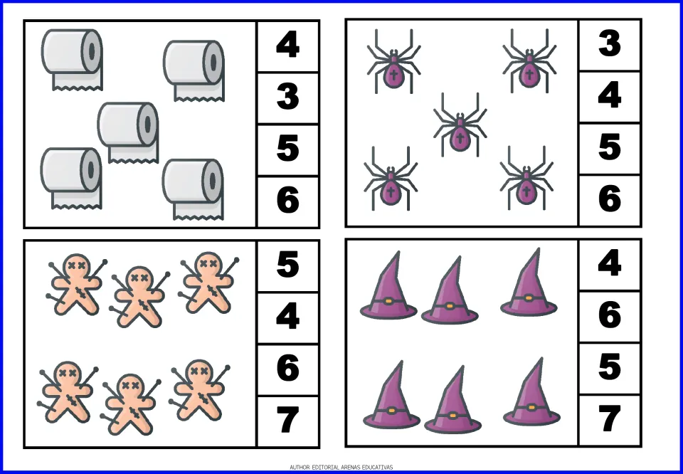 Count-and-clip cards 9–12: five toilet paper rolls, five spiders, six pin-stuck dolls, and six witch hats