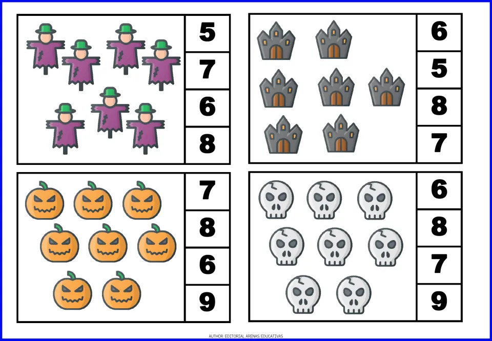 Count-and-clip cards 13–16: seven scarecrows, seven haunted houses, eight pumpkins, and eight skulls