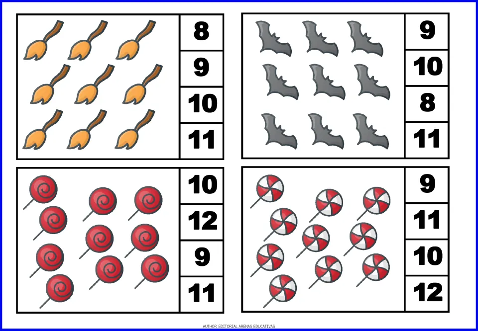 Count-and-clip cards 17–20: nine brooms, nine bats, and two groups of ten lollipops, with number choices