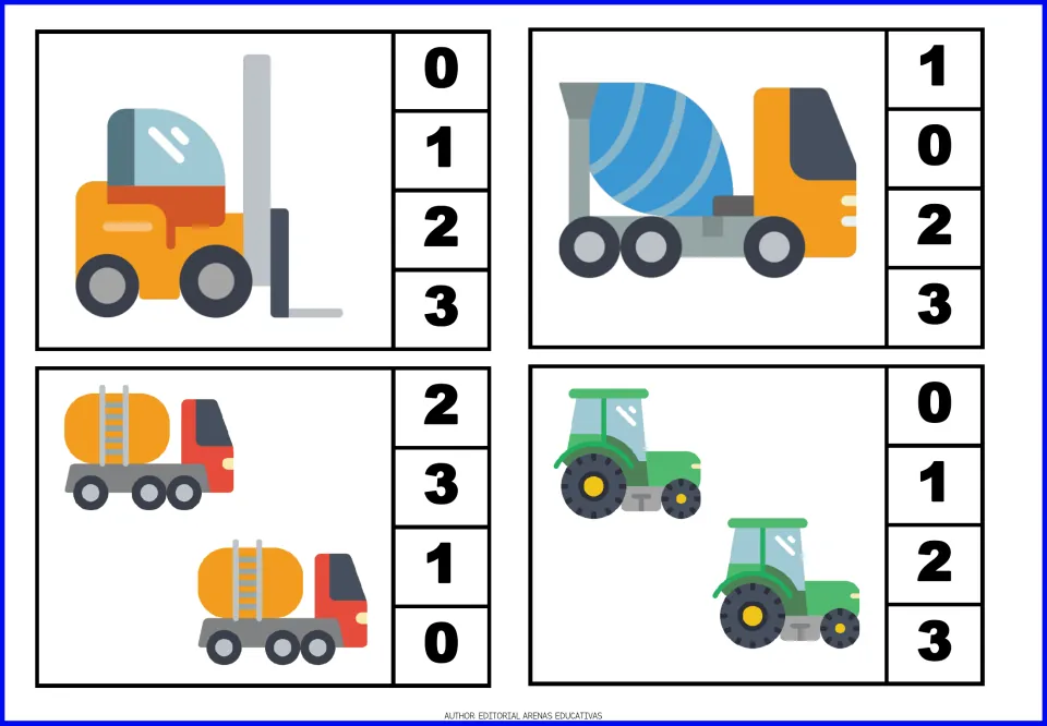Count-and-clip cards 1–4: one forklift, one cement mixer, two tanker trucks, and two tractors.