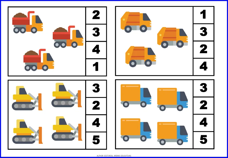 Count-and-clip cards 5–8: three dump trucks, three garbage trucks, four bulldozers, and four box trucks.