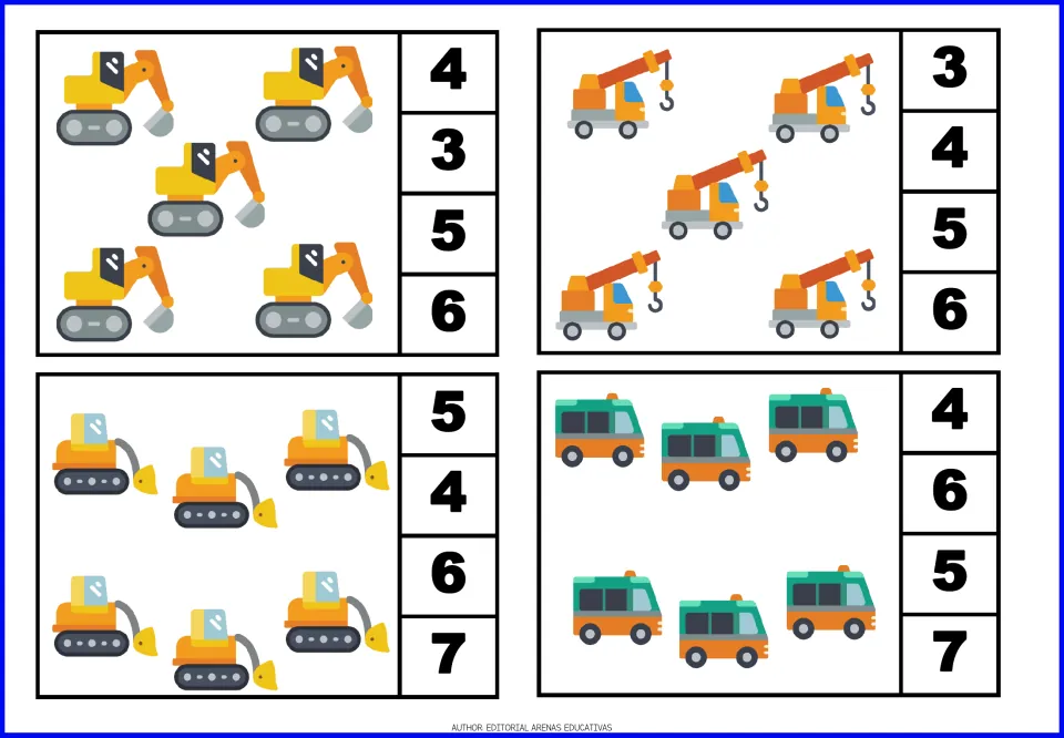 Count-and-clip cards 9–12: five excavators, five cranes, six tracked loaders, and six street sweepers.