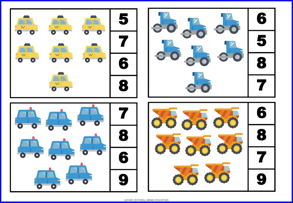 Count-and-clip cards 13–16: seven taxis, seven road rollers, eight police cars, and eight dump trucks.