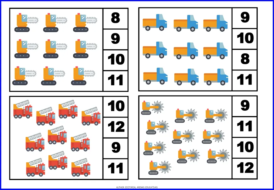 Count-and-clip cards 17–20: nine tracked saw machines, nine trucks, ten fire trucks, and ten saw vehicles.