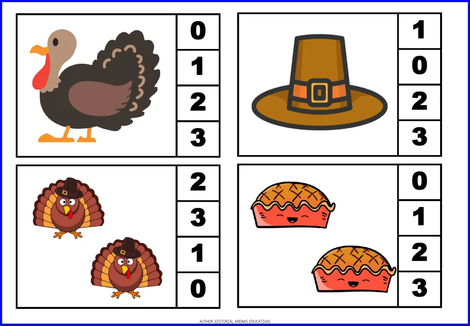 Counting cards 1–4: one turkey, one pilgrim hat, two turkeys, and two pies, each with four number choices