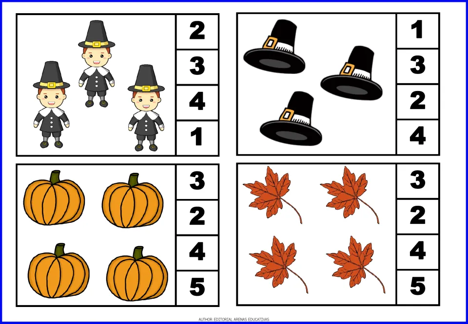 Counting cards 5–8: three pilgrims, three hats, four pumpkins, and four leaves, with number choices