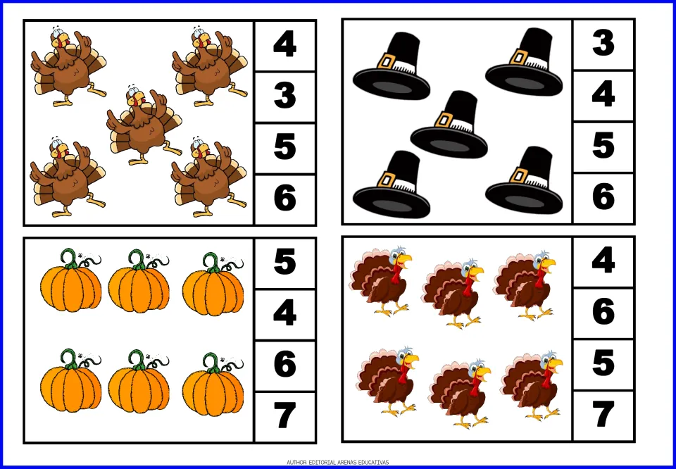 Counting cards 9–12: five turkeys, five hats, six pumpkins, and six turkeys, each with four number choices