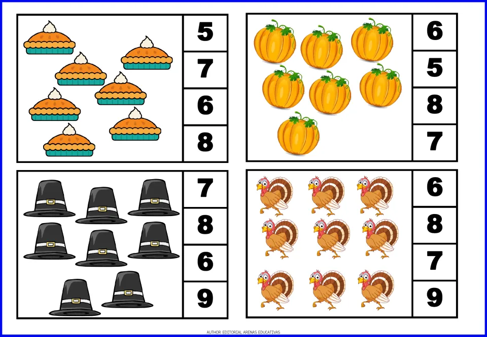 Counting cards 13–16: seven pies, seven pumpkins, eight hats, and nine turkeys, with number choices